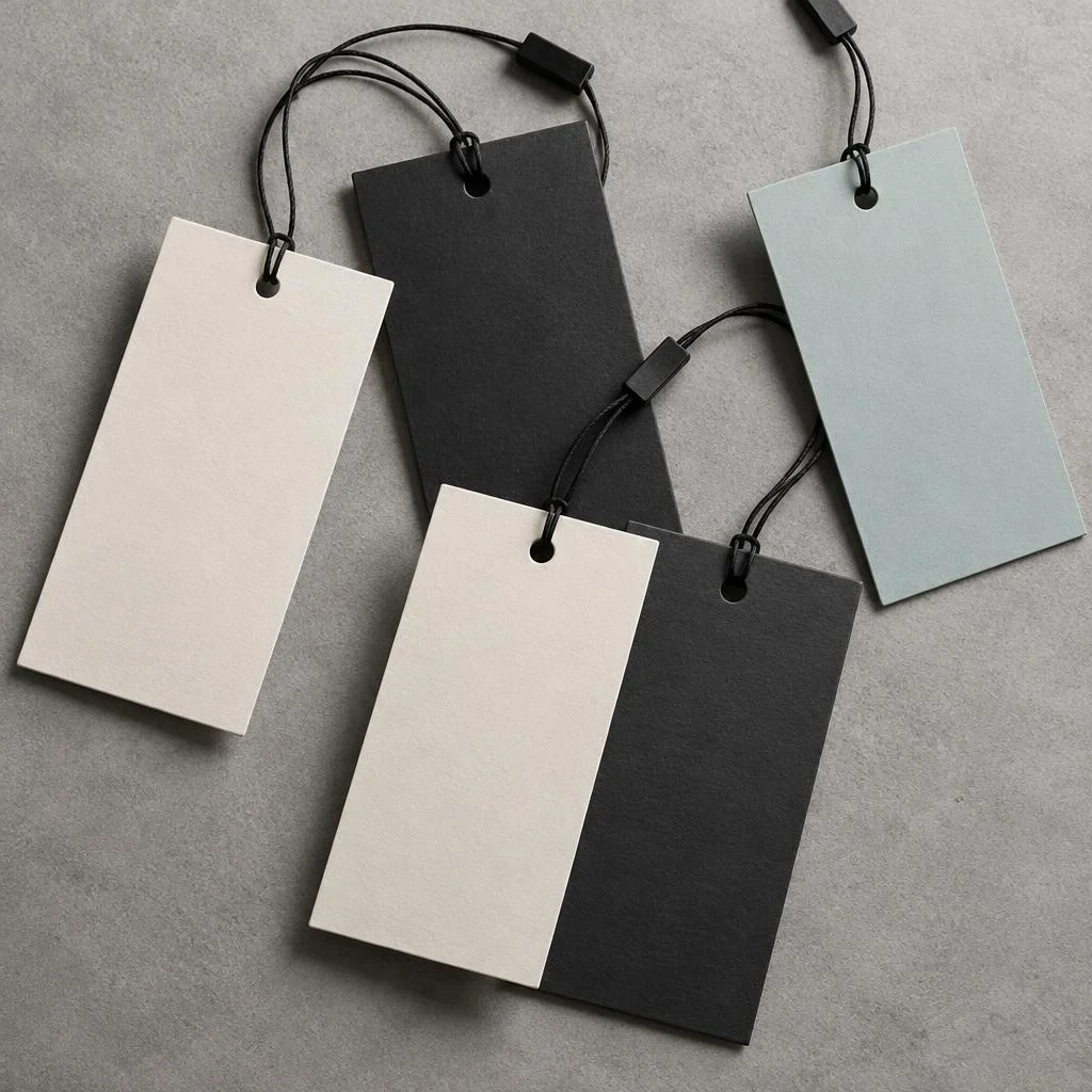 Illustrative unbranded hang tags with strings and seal attachments