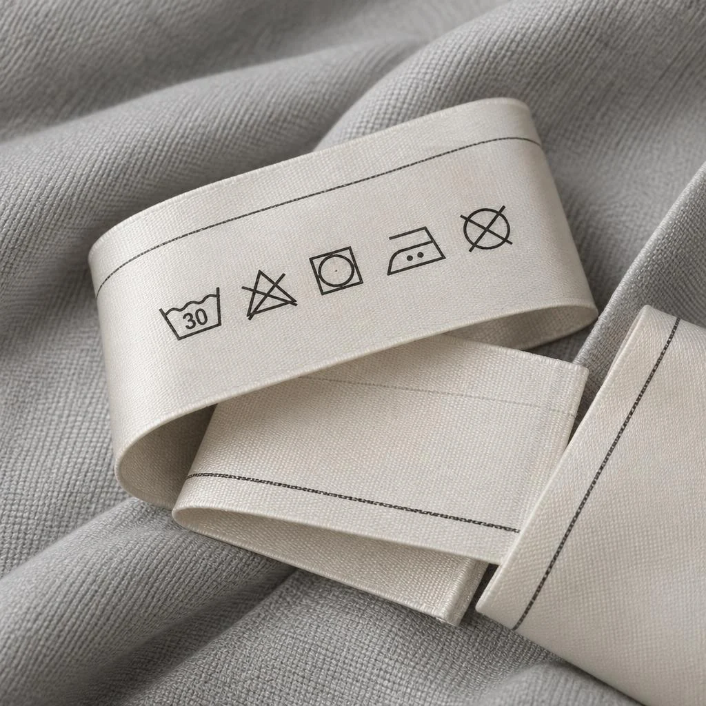 Illustrative printed fabric label with care symbols and folded edges