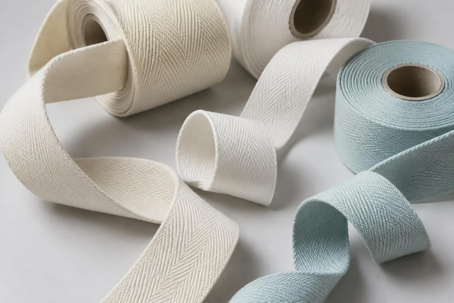 Illustrative textile tape rolls showing curled ribbons and visible weave