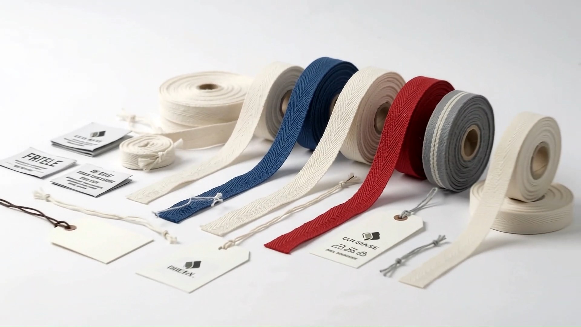 Array of spooled coloured textile tape rolls and ribbons for garment finishing