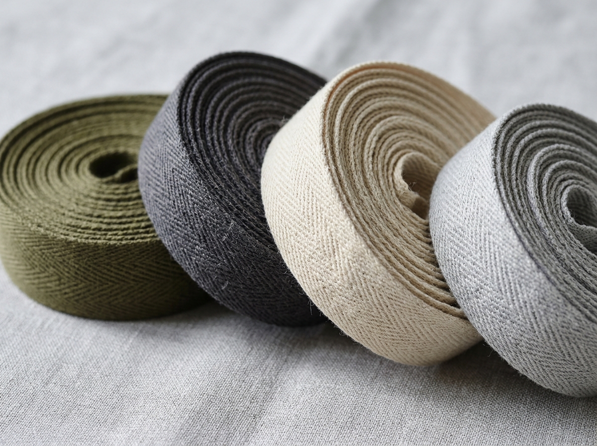 Herringbone twill weave textile tape rolls in neutral colours