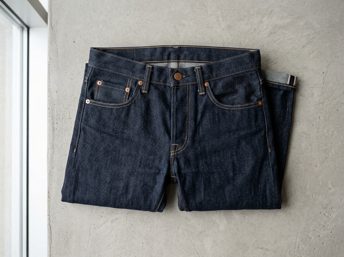 Studio product photograph of folded dark indigo raw selvedge denim jeans without waistband labels or hang tags