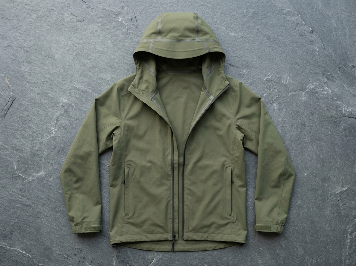 Technical olive-green windbreaker hooded jacket laid flat on a slate surface with plain unbranded interior
