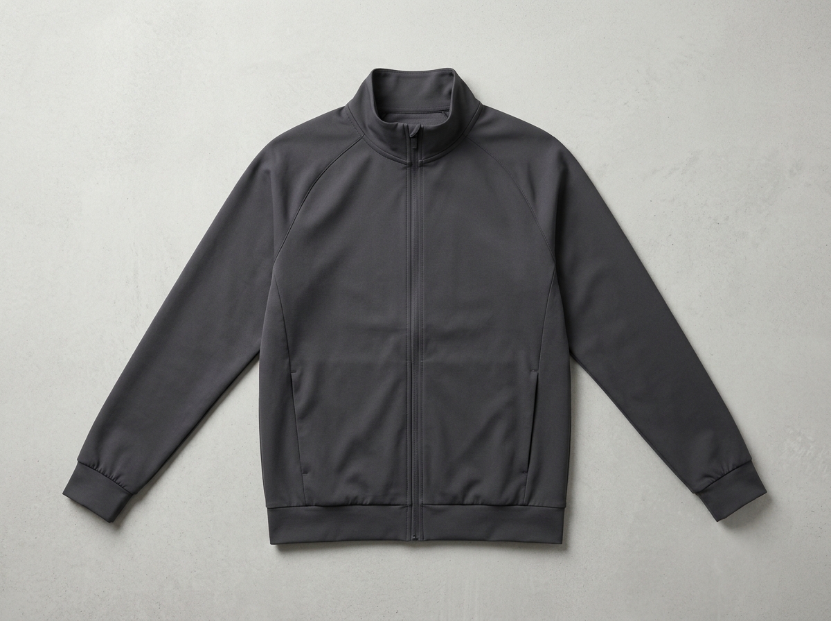 Minimalist charcoal grey athletic zip-up jacket laid flat on a studio surface with clean, unbranded neckline