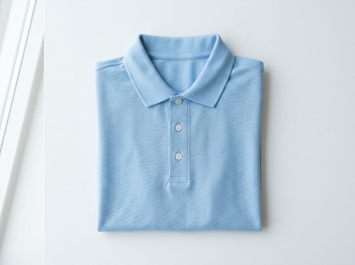 Neatly folded light-blue collared uniform shirt laid flat on a white surface without any visible branding or labels