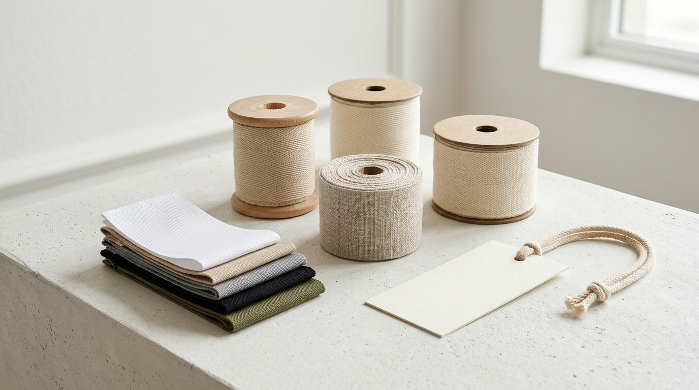 Editorial presentation of unbranded woven labels, textile tapes, and hang tags