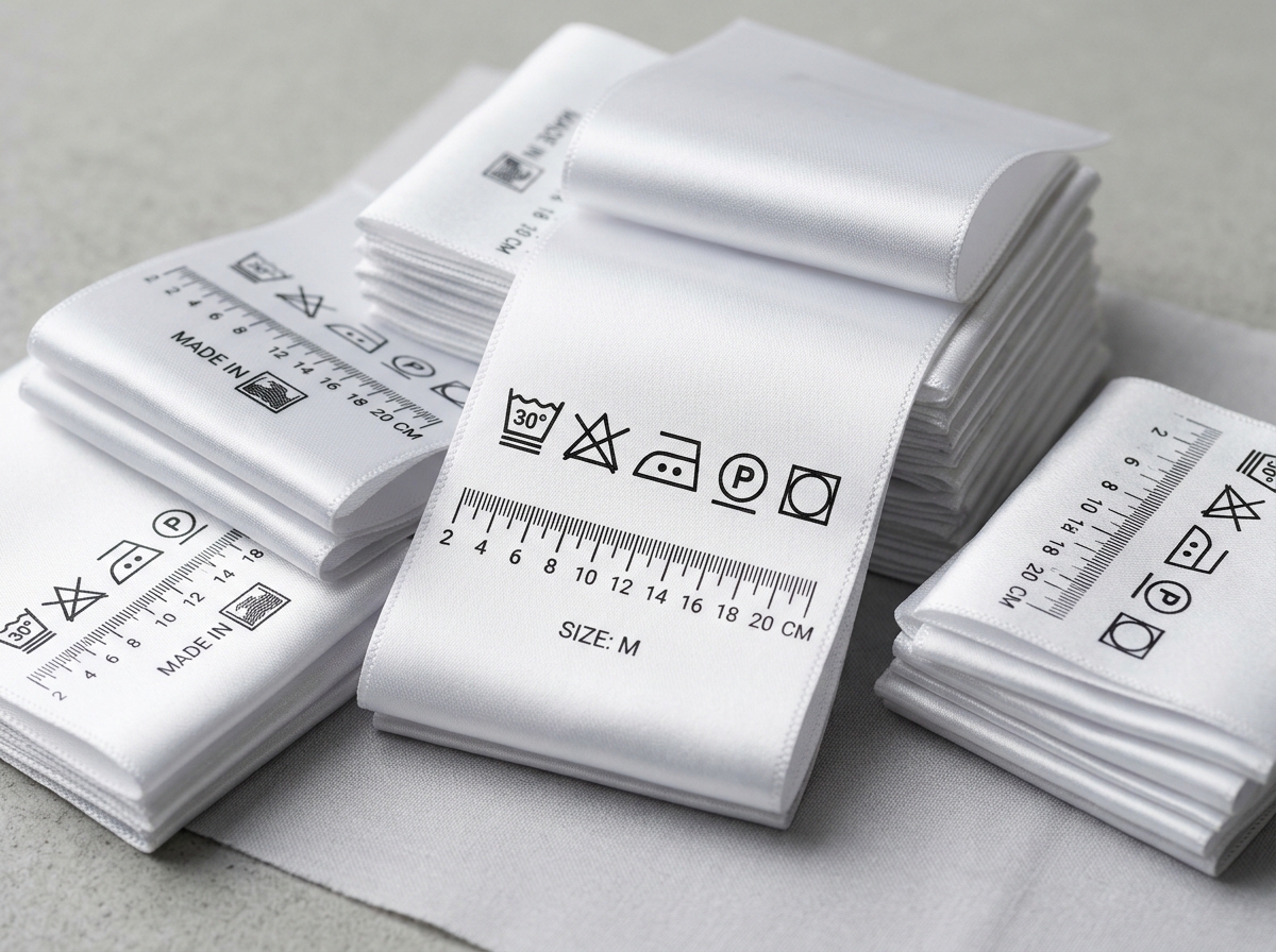 Illustrative printed fabric label with care symbols and folded edges