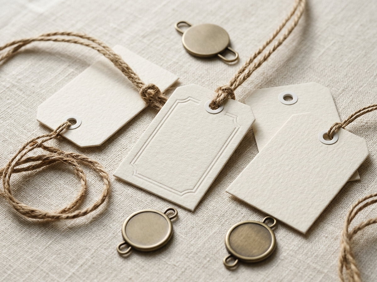 Illustrative unbranded hang tags with strings and seal attachments